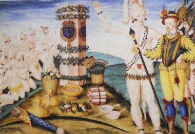 Figure 1. <i>Laudonnierus et rex athore ante columnam a praefecto prima navigatione locatam quamque venerantur floridenses</i>, by Jacques Le Moyne de Morgues, 1564–1565. Gouache and metallic pigments on vellum, with traces of black chalk outlines.<br />
The New York Public Library Digital Collections. Available at: http://digitalcollections.nypl.org/items/510d47d9-7bee-a3d9-e040-e00a18064a99 (accessed 22 July).<br />
